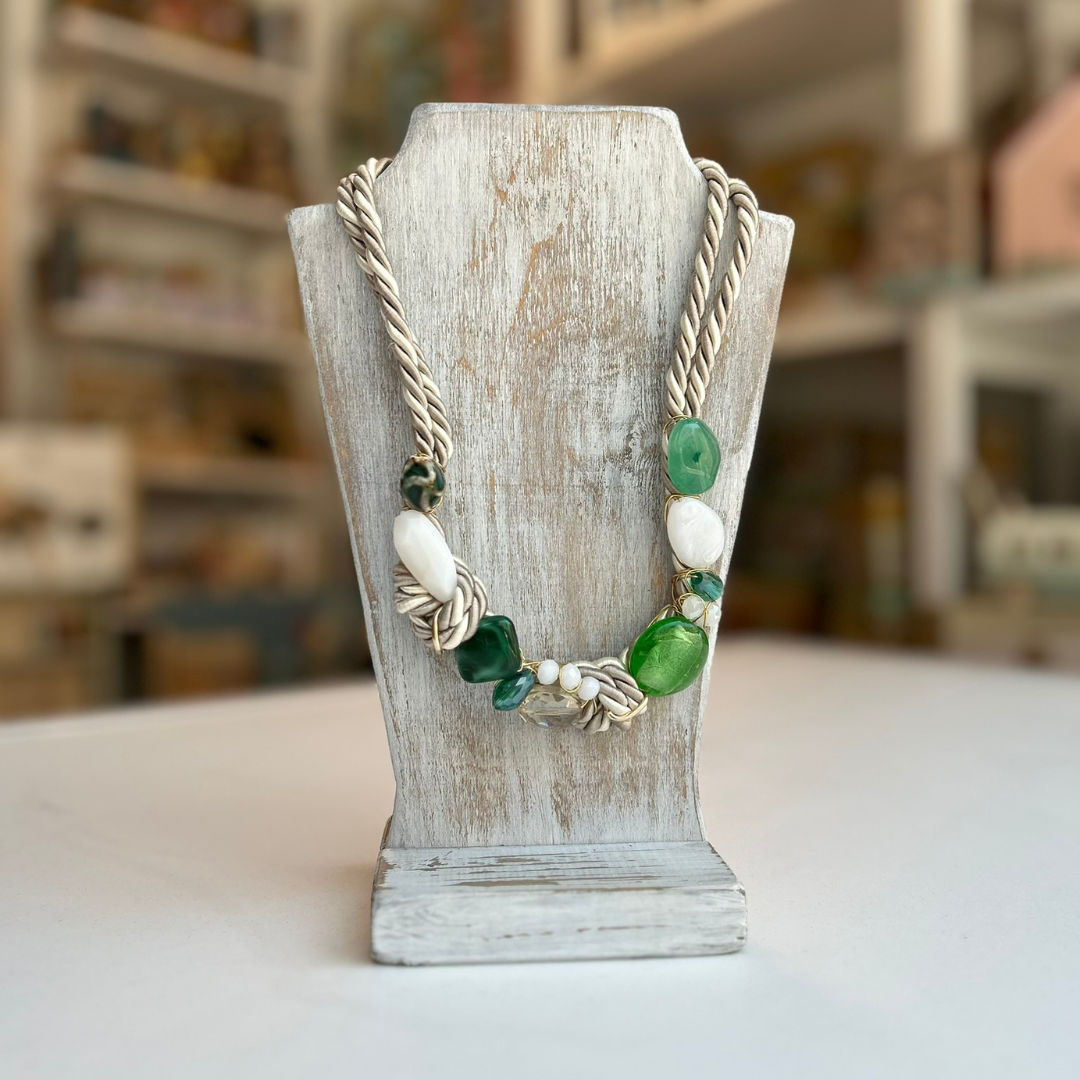 Two Tone Cord Statement with Green & White Beads